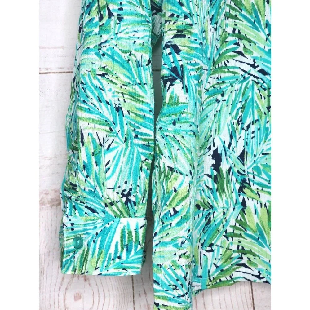 Appleseeds Petites PXL Floral Button Cuff Green Women Full Button Shirt - Picture 6 of 16